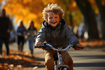 Fototapeta premium Joyful Kid Cycling Through Autumn Foliage