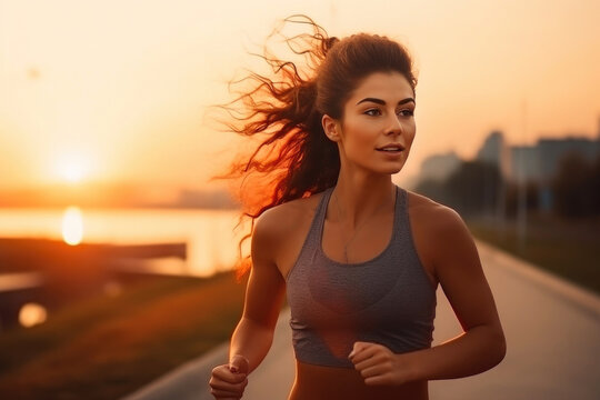 Graceful Woman Running Amidst Stunning Sunset
