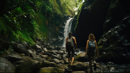 Fototapeta na wymiar Adventurous Travelers Discovering a Hidden Waterfall Oasis
