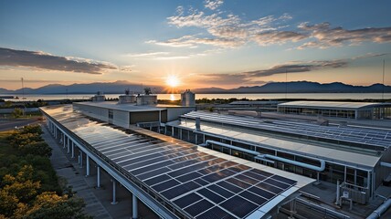 A manufacturing building's roof is covered in numerous solar panels..
