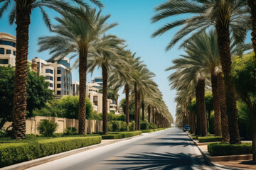 Fototapeta na wymiar Dubai's Glowing Palm Tree Avenue
