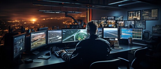 a male security officer stationed in an observation room.