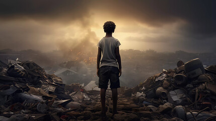African child at a dump area  - obrazy, fototapety, plakaty