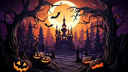 Halloween day card poster ghost pumpkin bat witch tomb castle, Generative AI