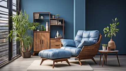 In a Scandinavian apartment, a dark blue sofa and recliner. modern living room interior design.