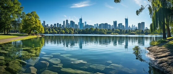Fototapeta premium city park in the foreground and the skyline of the city in the background.