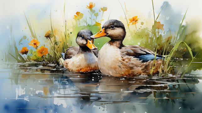 Watercolor Oil Painting of Playful Ducks Mallard Duck on White Canvas