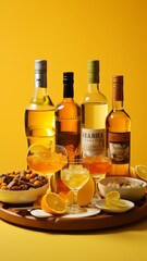 a range of alcoholic beverages against a yellow background..