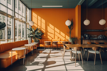 Modern empty coffee shop with trendy 70s interior design - Powered by Adobe