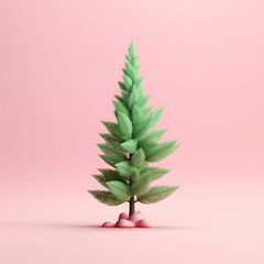 Green Christmas tree against pastel pink background. Minimalistic winter holidays inspired layout.