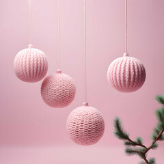 Soft delicate balls of knitted wool, elegant minimalist Christmas decoration with fir branch, creative aesthetic holiday arrangement, greeting card, winter inspired textures.