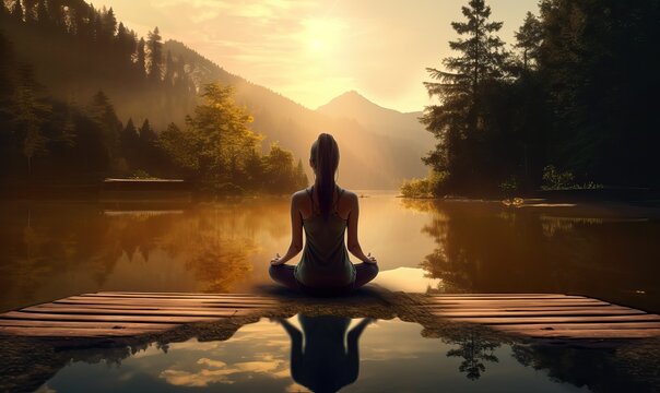 Woman Meditating in Lotus Position by Forest Lake