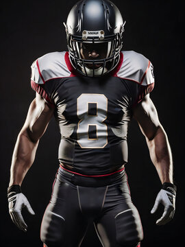 American Football Player black white and red uniform on dark background
