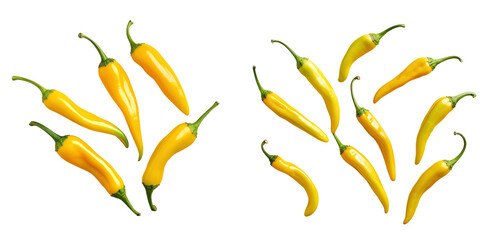 Yellow chili peppers on a transparent background viewed from above
