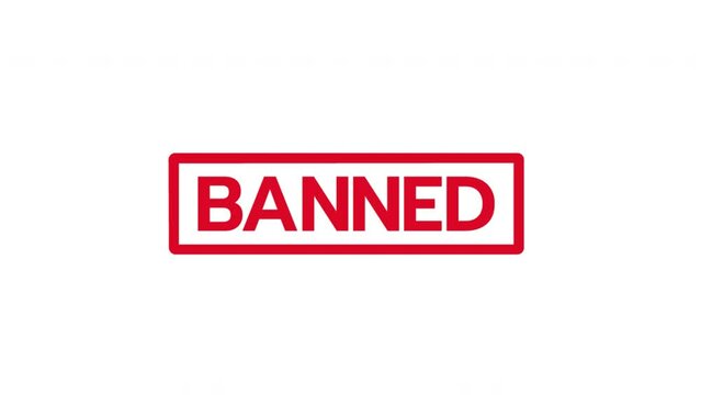 "BANNED" Hand stamping rubber stamp animation, transparent background, alpha channel included.