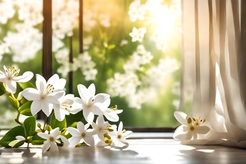 extreme closeup view of jasmine flowers , present in white , near the open window , sun rays are also present