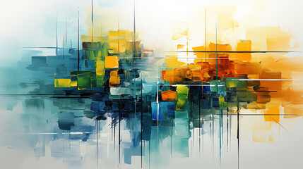 Lines and Square Boxes Draw With Thick Paint Brush Strokes Colors of Green, Yellow, Black and Blue Abstract Art