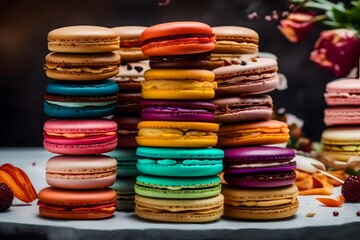 An image of a colorful macaron tower with a variety of flavors and fillings.