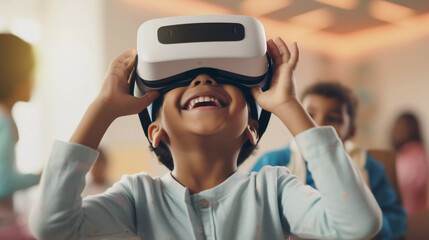 child is using vr glasses at home
