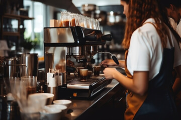 Fototapeta na wymiar Staff at cafe making coffee espresso machine women working bar