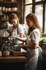 Staff at cafe making coffee espresso machine women working bar