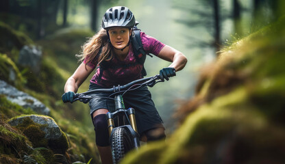 Woman practicing enduro mtb, speeds down a mountain trail