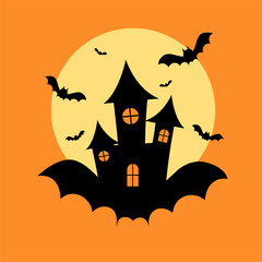 halloween castle with moonlight flat design. Haunted house spooky castle. Haloween party sign vector cover illustration. helloween icon collection. Flat design cartoon concept