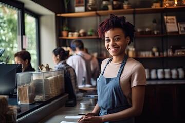 Smiling African American frmale barista, standing at counter in coffee shop.