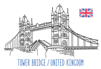 Fototapeta na wymiar Tower Bridge, London, United Kingdom. Vector sketch drawing. Illustration isolated on white background. Outline stroke is not expanded, stroke weight is editable