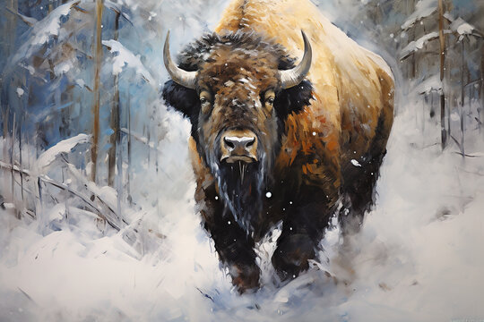 Beautiful painting of bison cow standing in a blizzard. Wildlife Animals. Illustration, Generative AI.