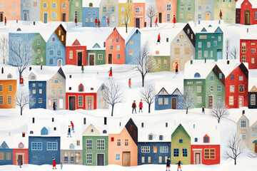 illustration of a colorful snowy village December/christmas cottage core in a painted textured style with little houses trees for cards/journal/stationary design pastel red orange