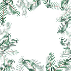 Fototapeta na wymiar Watercolor frame mock up with green fir conferious christmas tree branches twigs isolated on white background with copy space.Decoration for christmas new year xmas party.Square