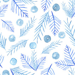 Watercolor seamless pattern with lots of blue snowflakes ans hoarfrost fir tree branches as winter christmas x-mas new year party background wrapping paper.