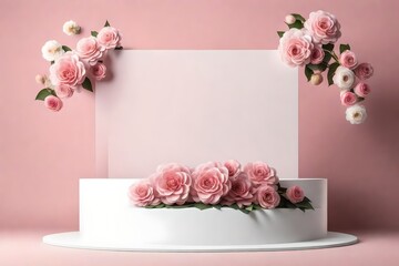Elegant Floral Display: White Podium with Pink Background and Space for Advertising