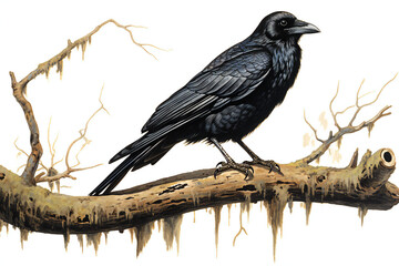Black crow on a branch isolated on white background,  Watercolor illustration
