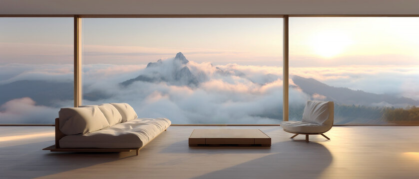 Modern spacious uncluttered sparse living room with floor-to-ceiling windows overlooking mountains