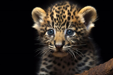Leopard cub isolated on black background, close-up portrait
