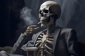skeleton wearing suit jacket smoking cigarette in dark bar - obrazy, fototapety, plakaty