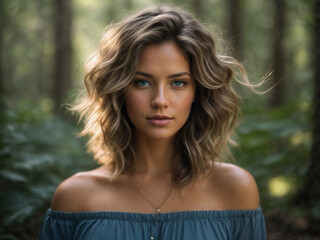 Photo of a brunette girl with a bouffant hairstyle in the forest