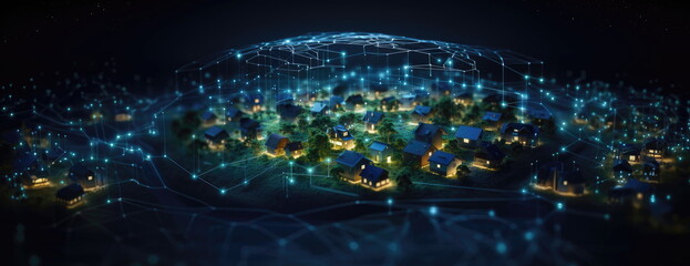Sprawling green community with Digital smart city infrastructure and rapid data network. Digital city, smart society, smart homes, digital community. DX, IOT, digital network concept. - obrazy, fototapety, plakaty