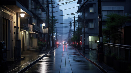 The Early Morning Casts a Black Matte Moody Atmosphere Over The Urban Living Street of Tokyo