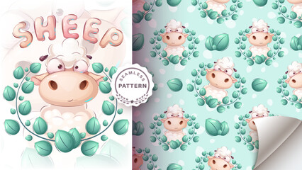 Cartoon character adorable lamb, pretty animal idea for print t-shirt, poster and kids envelope, postcard. Cute hand drawn style sheep