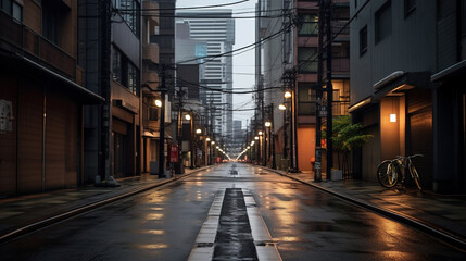 Naklejka na ściany i meble The Early Morning Casts a Black Matte Moody Atmosphere Over The Urban Living Street of Tokyo