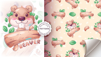 Cartoon character adorable beaver, pretty animal idea for print t-shirt, poster and kids envelope, postcard. Cute hand drawn style beaver © rwgusev