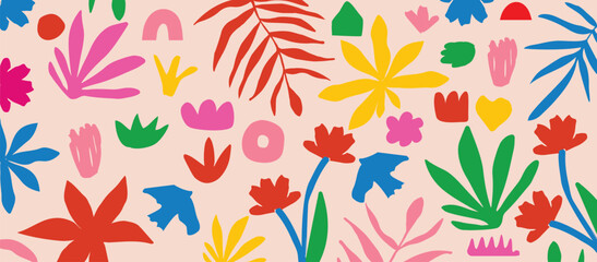 Obraz premium Colorful vector background with scattered abstract leaves, flowers and other botanical elements. Random cutout tropical foliage collage, ornamental texture, cute decorative pattern