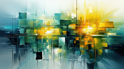 Lines and Square Boxes Draw With Thick Paint Brush Strokes Colors of Green, Yellow, Black and Blue Abstract Art