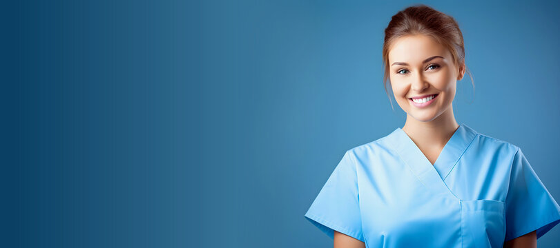 Portrait of a beautiful young nurse on blue background. Banner with Copy space.