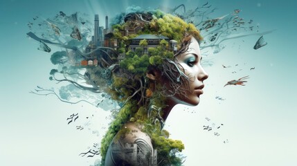 Futuristic, eco, nature, biodiversity, global, economic, environment, people, well - being, collage, Generative AI