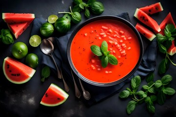 A refreshing watermelon gazpacho soup with cucumber and mint.