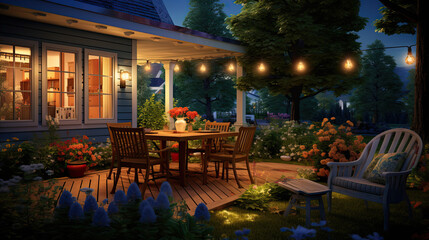 Fototapeta na wymiar Summer evening on the patio of beautiful suburban house with lights in the garden garden.